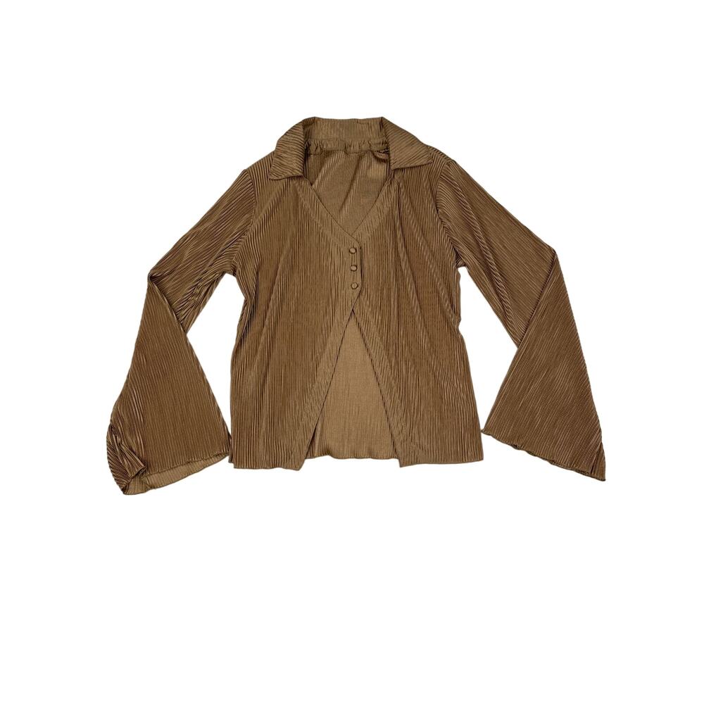 Lyaner - Open Button Front Flare Sleeve Collared Blouse in Gold